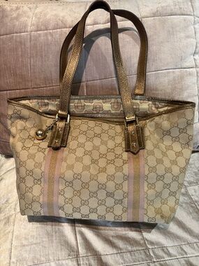Gucci Beige GG Canvas Tote with Pink and Gold Stripes